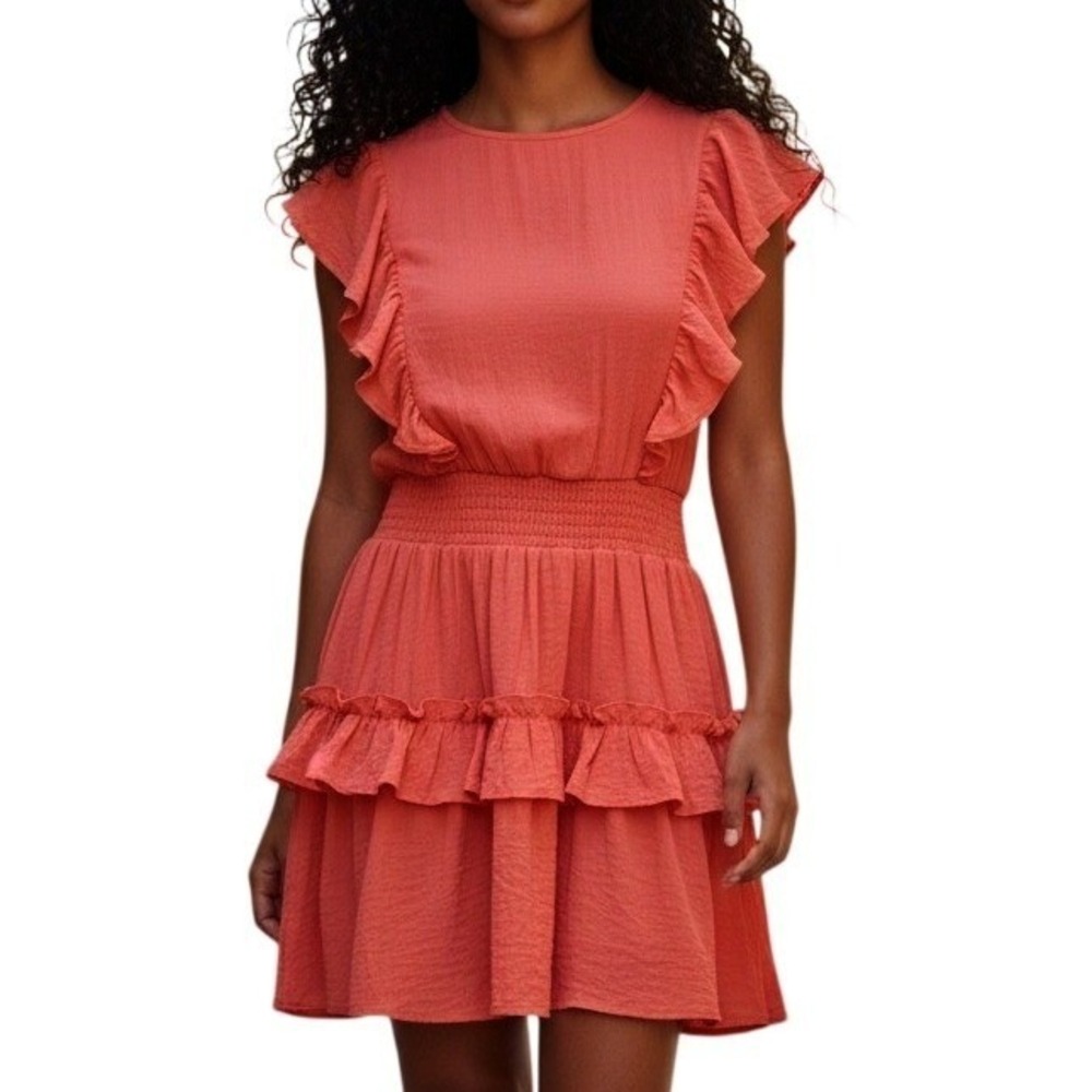 HYFVE Ruffle Smocked Waist Mini Dress Womens Small Coral Pink Tiered Flounce